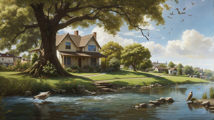 A bird is sitting under a tree a river ai generative photo