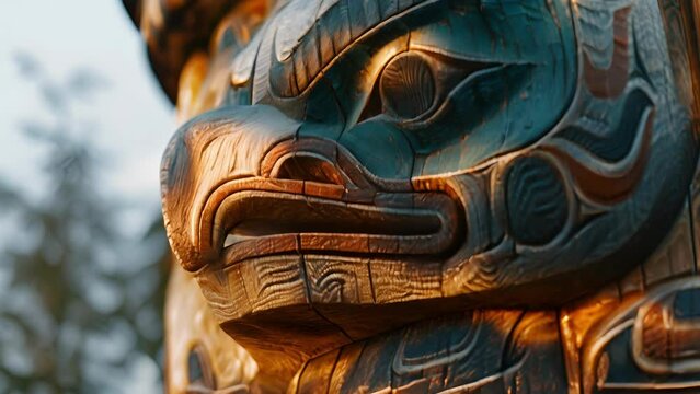 A towering wooden totem pole carved with intricate animal and natureinspired designs.