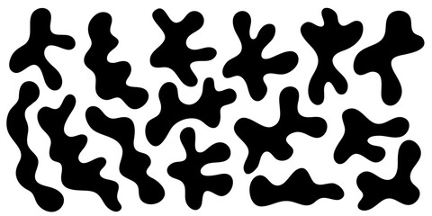 Distorted ink drops. Abstract black wavy blotch irregular form vector illustration.Collection of black silhouette liquid shapes isolated on white background.