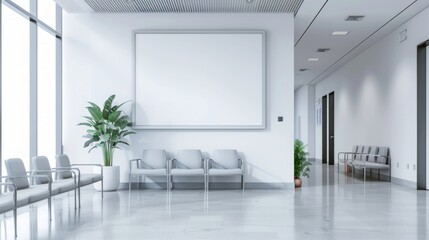 A mockup of an empty white poster on the wall in modern hospital waiting room with comfortable chairs and medical equipment. empty white blank poster on white wall in hospital, white board 