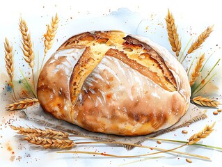 Freshly baked artisan bread loaf surrounded by wheat stalks, watercolor , perfect for culinary art and bakery themes.