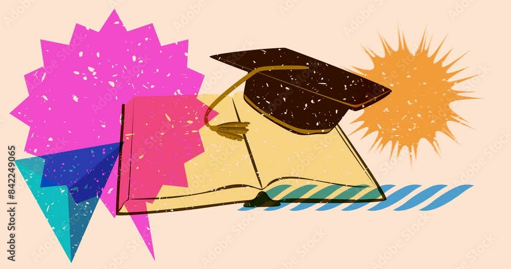 Poster risograph book and graduation cap and speech bubble with geometric shapes animation. moving object i