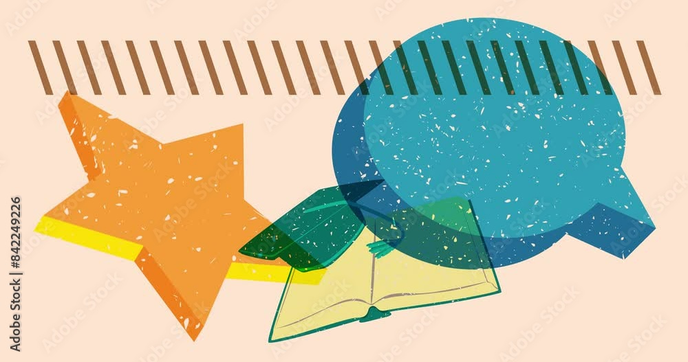 Poster risograph book and graduation cap and speech bubble with geometric shapes animation. moving object i