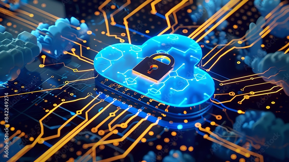 Poster high-tech cloud security concept with digital lock and circuit board background