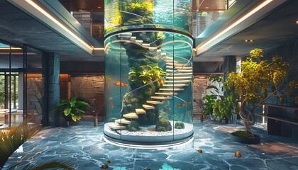 A luxury home entrance with a spiral staircase surrounded by a cylindrical aquarium, giving the illusion of walking up through water