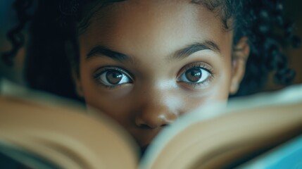 Close up of attractive child reading a book while looking at camera. Elementary student holding fairy tale novel book or bedtime stories with blurring background. Creative activity concept. AIG42. © InfiniteFlow