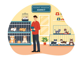 Vector Illustration of an Animal Adoption Agency Featuring Adopt a Pet from an Animal Shelter with Cats and Dogs in the Flat Cartoon Background