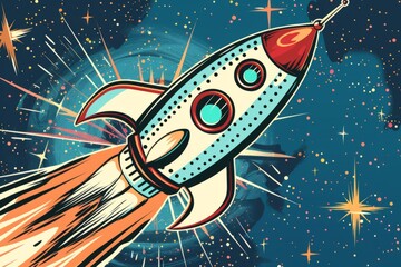 Cartoon cute doodles of a retro rocket ship blasting off into space with a futuristic flair, Generative AI