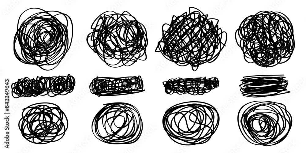 Poster set of hand drawn scribble sketch circle object. tangled grungy round scribble. isolated on white ba