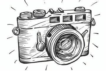Cartoon cute doodles of a vintage camera capturing candid moments in black and white, Generative AI