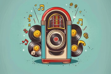Cartoon cute doodles of a vintage jukebox playing classic tunes, surrounded by dancing vinyl records, Generative AI