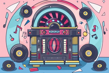 Obraz premium Cartoon cute doodles of a vintage jukebox playing classic tunes, surrounded by dancing vinyl records, Generative AI