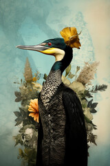 Obraz premium A surreal depiction of a bird dressed in human clothing, set against a floral background with classic and artistic elements.