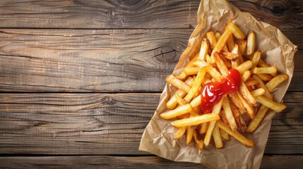 French fries topped with ketchup on a wooden table background Concept of fast food and poor dietary habits