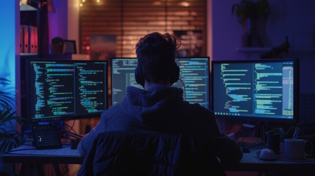Back view of professional software developer coding program or engineering prompt. Skilled programmer typing computer and laptop while developing system with blurring background. Technology. AIG42.