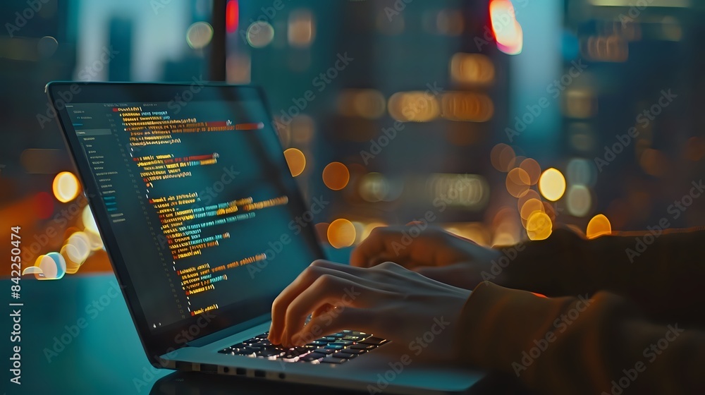 Aufkleber software developer coding at night with cityscape background