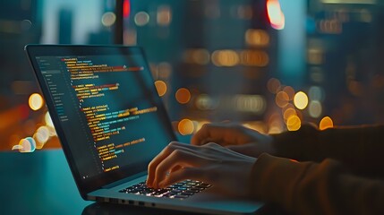 Software Developer Coding at Night with Cityscape Background