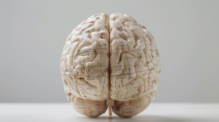 Obraz premium Wooden model of human brain on table with white background for medical research and education concept