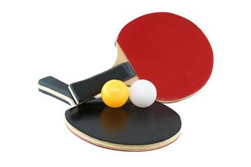 Ping pong paddles and balls isolated on white background