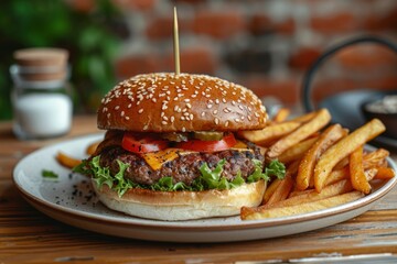 A Juicy Cheeseburger With French Fries on a Wooden Table