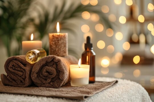 Relaxing spa room with towels, candles, and soft lights for beauty and wellness retreat