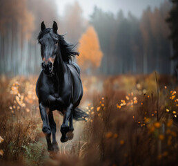 Obraz premium Black elegance stallion horse, a mammal, with some beautiful sleek fur running in the warming sunlight and a plain that's full of tall grass in the forest.
