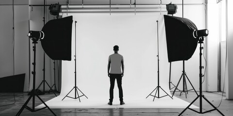 Man standing in front of photo studio with lights and white backdrop in background for business headshots portrait session