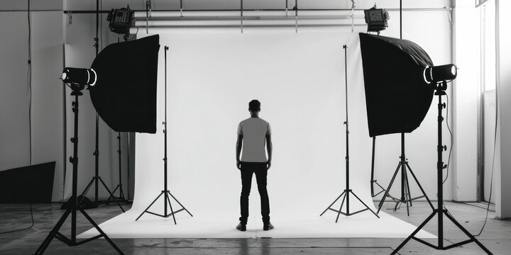 Man standing in front of photo studio with lights and white backdrop in background for business headshots portrait session