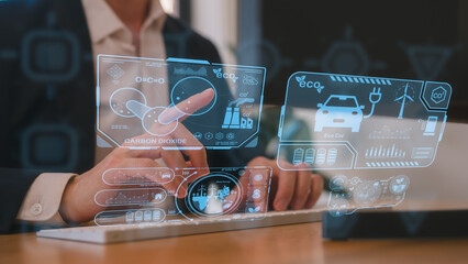 Reduce CO2 emissions and carbon footprint to limit global warming and climate change. Sustainable development and green business, man pointing at report and virtual diagram showing co2 emission icon
