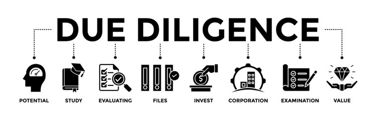 Due diligence banner icons set. Vector graphic glyph style with icon of potential, study, evaluating, files, invest, corporation, examination, and value	