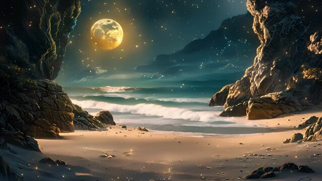 The moon illuminates the starlit beach revealing hidden treasures in the sparkling sand waiting to be discovered.