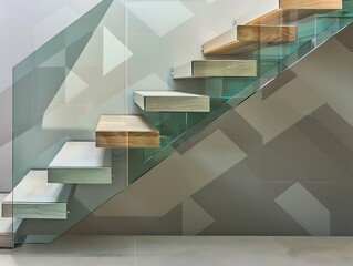 A modern luxury staircase with alternating wood and glass steps, creating a floating effect, with a focus on the geometric pattern created by the steps