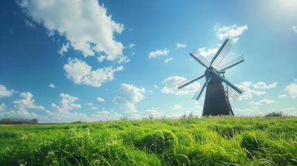 Countryside Windmill A traditional windmill in a green field with a blue sky, Super cool and nice background, realistic photo stockphoto style