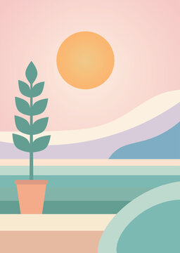 Minimalist Sunset with Potted Plant. Abstract illustration of a potted plant under a setting sun, featuring minimalist design with pastel colors.

