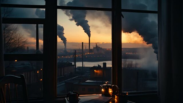 View from window with smoke from factory