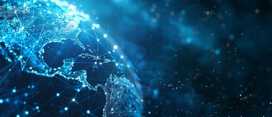 Digital communication with globe and connected dots, bright blue, copy space