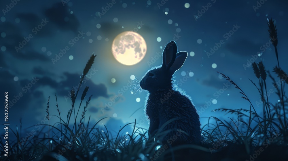 Wall mural rabbit silhouette with moonlit meadow - Wall murals