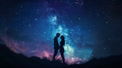 Obraz premium Couple's silhouettes intertwined with starry night sky, romantic atmosphere