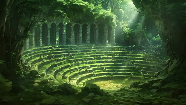 An ancient amphitheater its rows of stone seats now overrun by vines and moss with the stage now a stage of green where rabbits and foxes play.