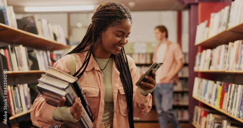 Poster books, happy and black girl with phone in library for social media, network or education update. stu