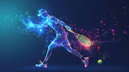 Naklejka premium Amazing Tennis ball and tennis racket, Low poly neon wire outline geometric polygonal