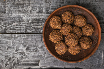 Rustic Cocoa Brownies in Wooden Bowl on Weathered Wooden Surface Homemade Holiday Dessert Photography