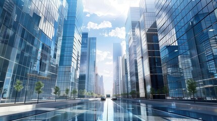 Modern Business District A sleek business district with glass buildings and office workers, Super cool and nice background, realistic photo stockphoto style