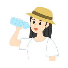 帽子をかぶり、ペットボトルの飲料を飲む女性。フラットなベクターイラスト。
Wearing a hat and drinking from a bottled beverage woman.  Flat vector illustration.