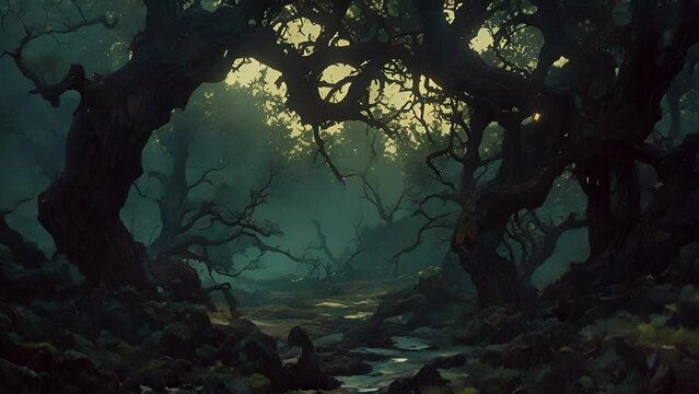 The ground in this section of the orchard is completely covered in a thick layer of dark spongy moss. The trees here seem to droop and twist as if being pulled towards the nearby black