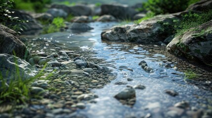 Mountain Stream A clear mountain stream flowing through a rocky landscape, Super cool and nice background, realistic photo stockphoto style