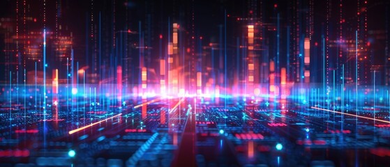 Fototapeta premium A futuristic digital landscape with neon lights and cybernetic elements, representing technology, data networks, and innovation.