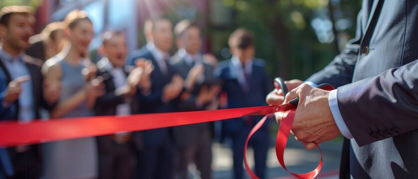 A close-up of a ribbon-cutting ceremony with a crowd applauding in the background, symbolizing the opening of a new business or event.
