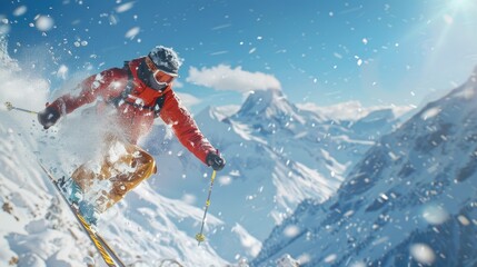 A skier in a red jacket descends a snowy mountain under a bright blue sky, surrounded by breathtaking winter scenery and fresh snowflakes.