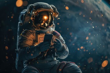 Fototapeta premium Astronaut in outer space using a mobile phone, with Earth in the background, surrounded by floating particles. Technology meets space exploration.